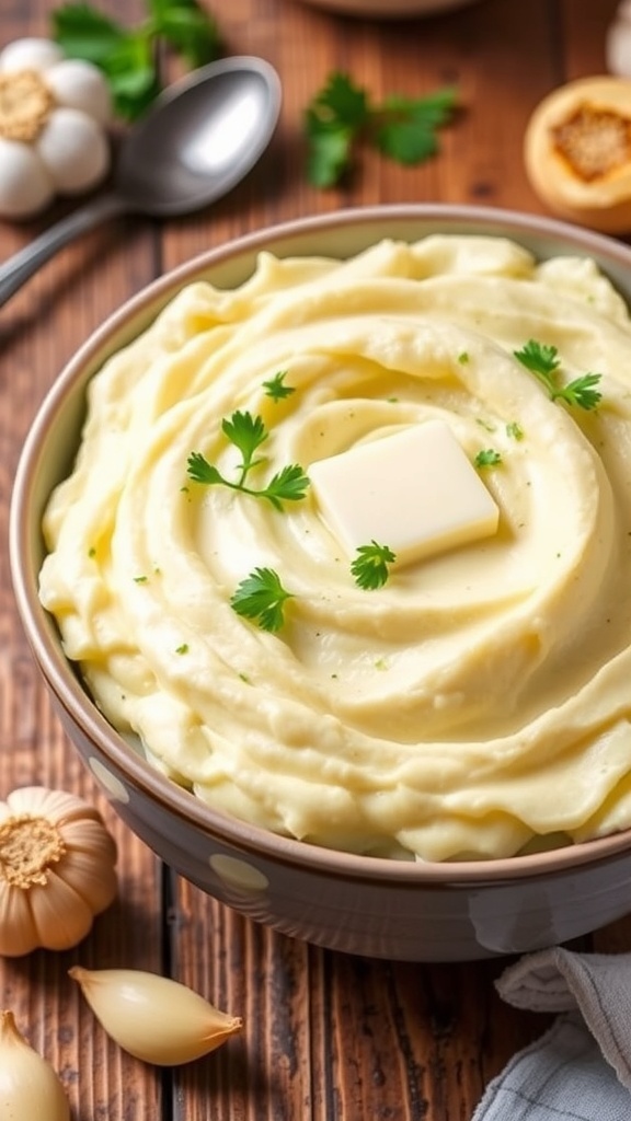Creamy mashed garlic potatoes in a bowl, garnished with parsley and butter, on a rustic wooden table.